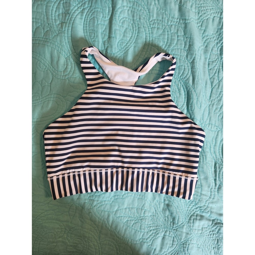 Athleta Navy White Striped Racerback‎ Sports Bra Medium Mesh Lined Activewear